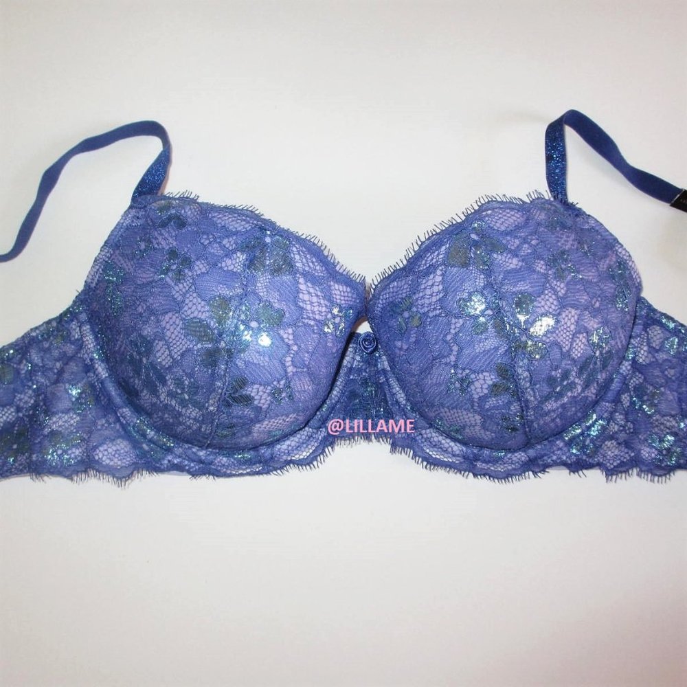 VICTORIAS SECRET Dream Angels Lightly Lined Demi Bra 32D  Blue Silver Shine